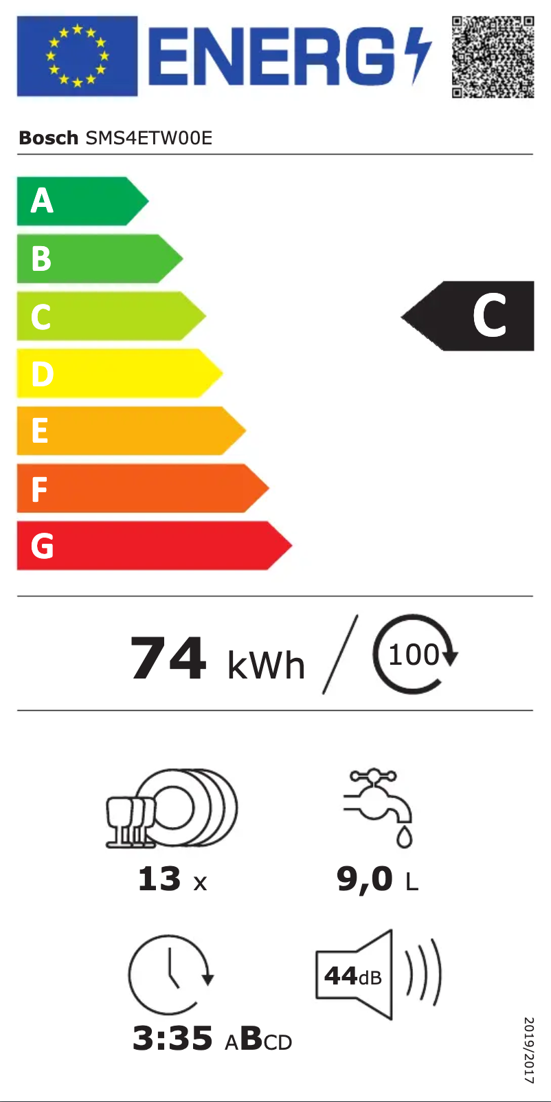 Page 1 de la notice Label énergétique Bosch SMS4ETW00E