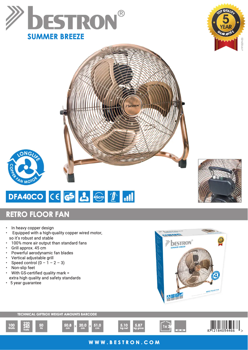 Page 1 de la notice Fiche technique Bestron DFA40CO
