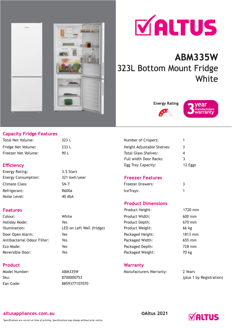 Página 1 del manual Ficha técnica Altus ABM335W