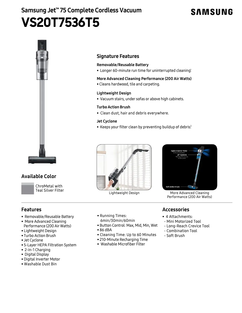 Página 1 del manual Ficha técnica Samsung Jet 75