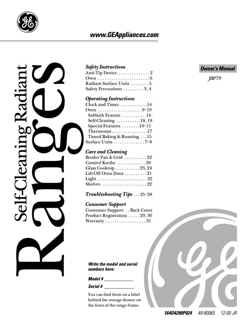 Page n°1 - Manuel d'utilisation et d'entretien GE Profile JBP79TDWW