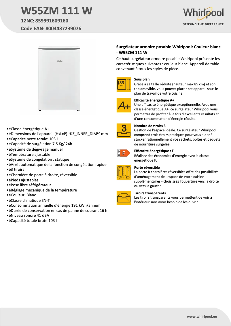 Page 1 of the manual Technical Sheet Whirlpool W55ZM 111 W