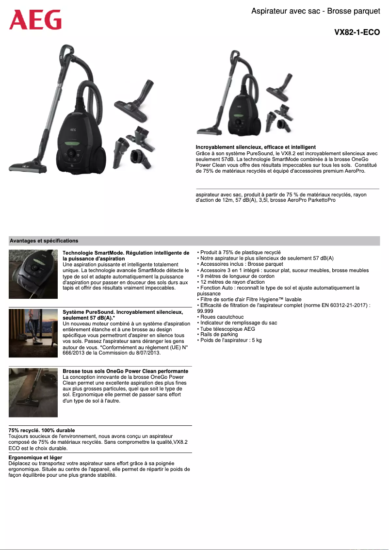Page 1 de la notice Fiche technique AEG VX82-1-ECO