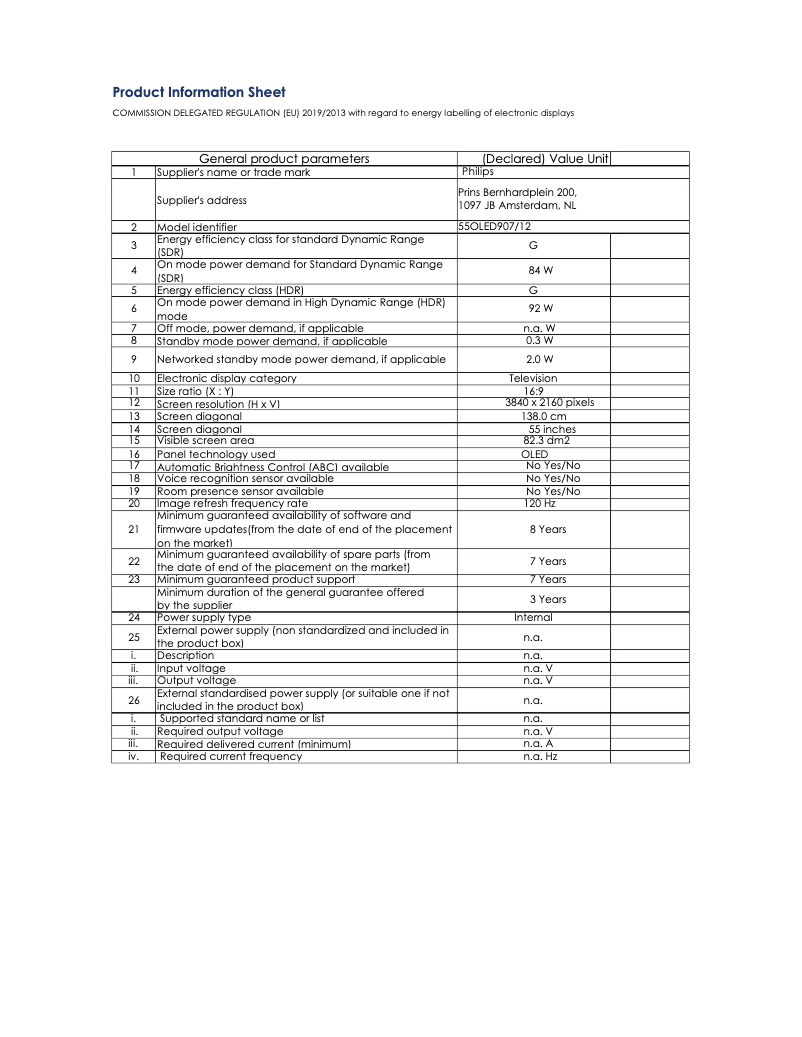 Page n°1 - Fiche technique Philips 55OLED907