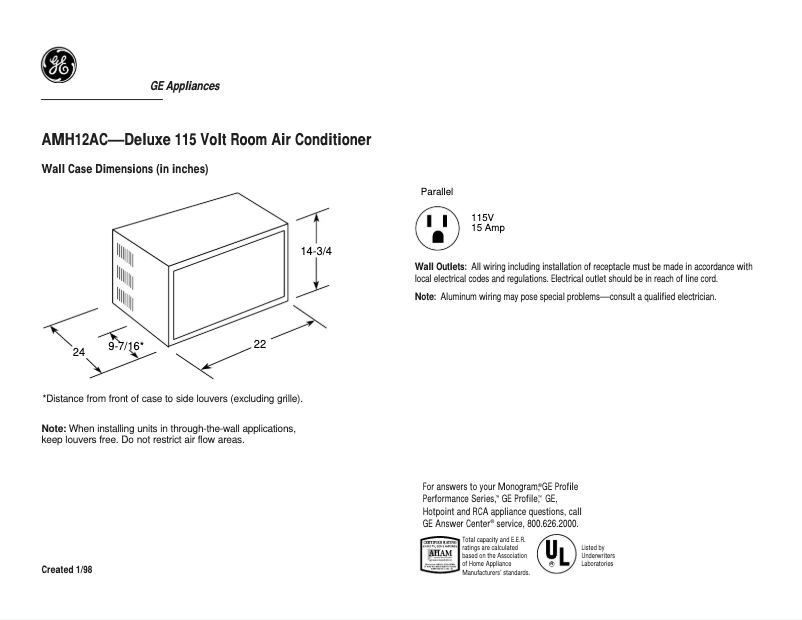 Page 1 de la notice Fiche technique GE AMH12AC