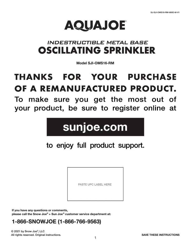 Page 1 de la notice Manuel utilisateur Aqua Joe SJI-OMS16-RM
