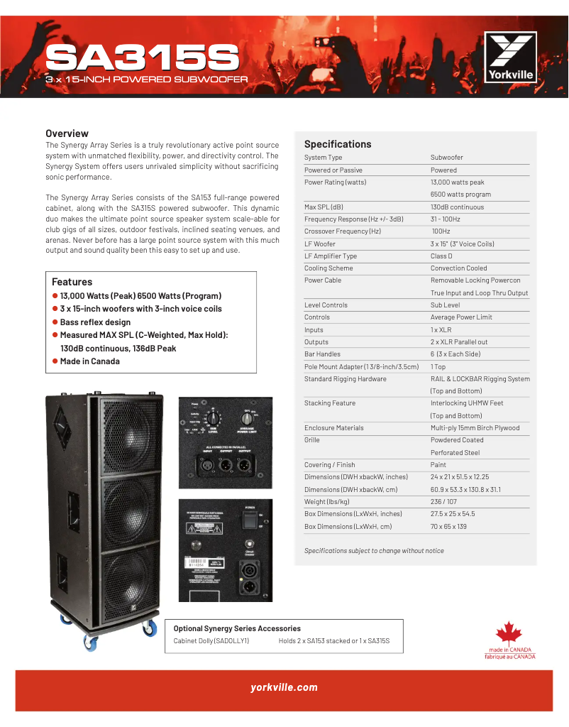 Page 1 de la notice Fiche technique Yorkville Synergy SA315S