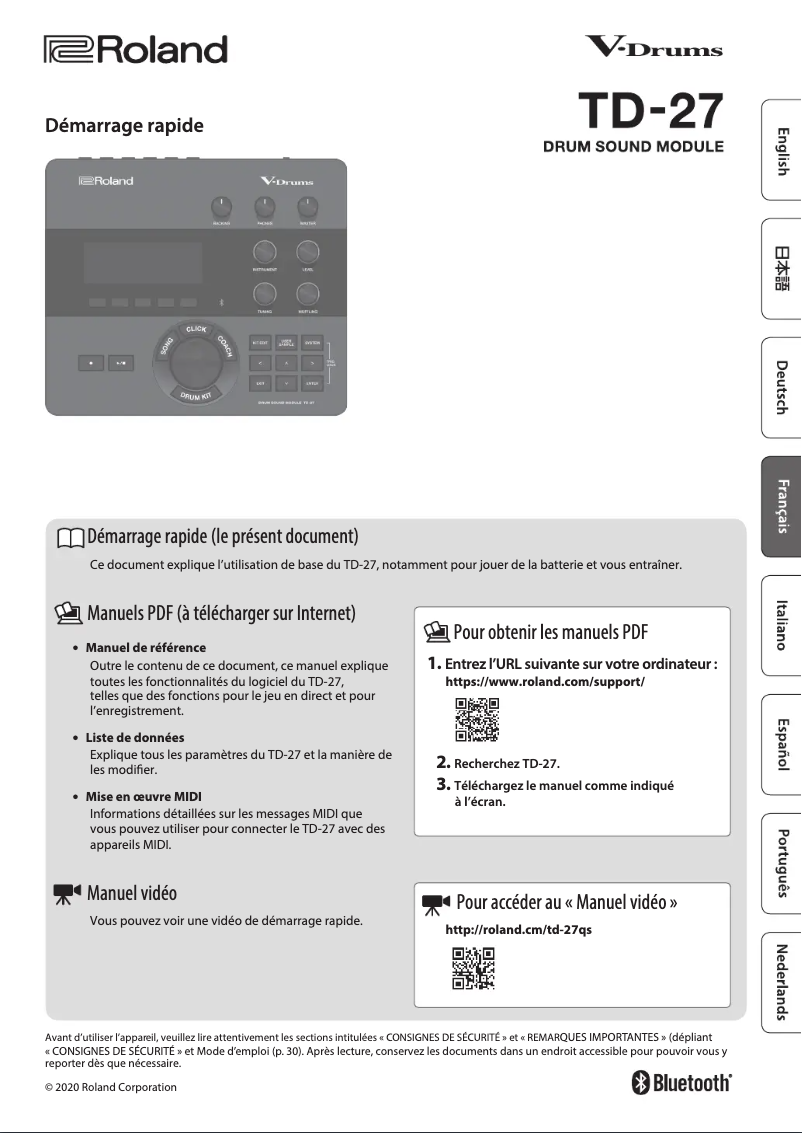 Page 1 de la notice Guide de démarrage rapide Roland TD-27KV