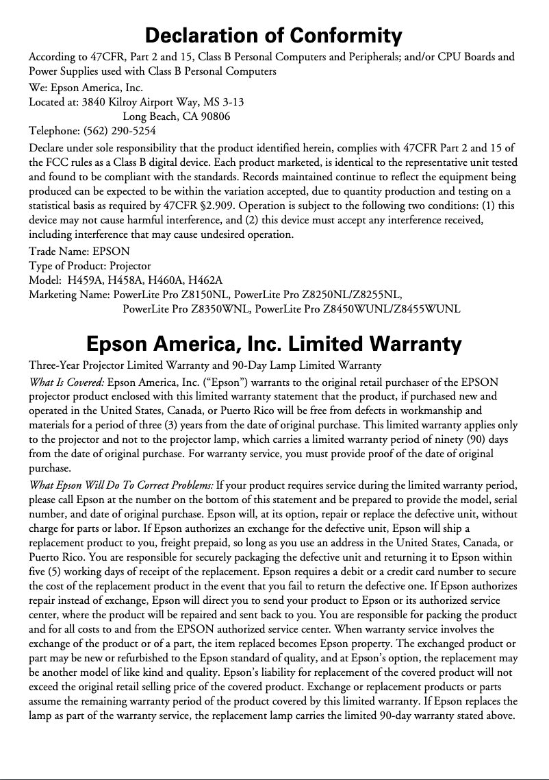 Página 1 del manual Información de garantía Epson PowerLite Pro Z8255NL