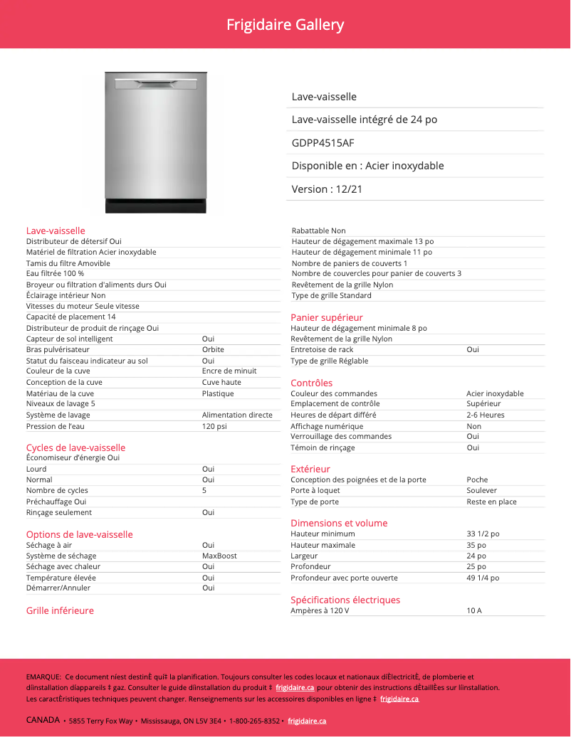 Page 1 de la notice Fiche technique Frigidaire GDPP4515AF