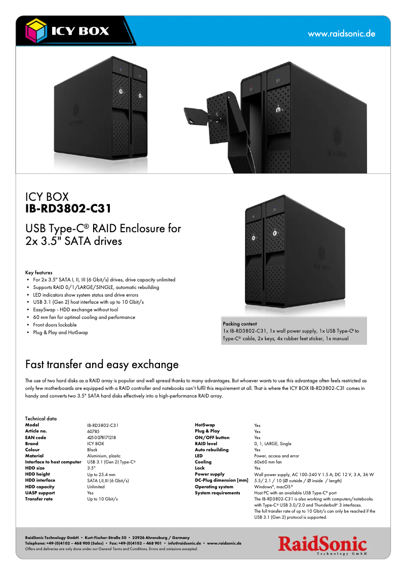 Page 1 de la notice Fiche technique Icy Box IB-RD3802-C31