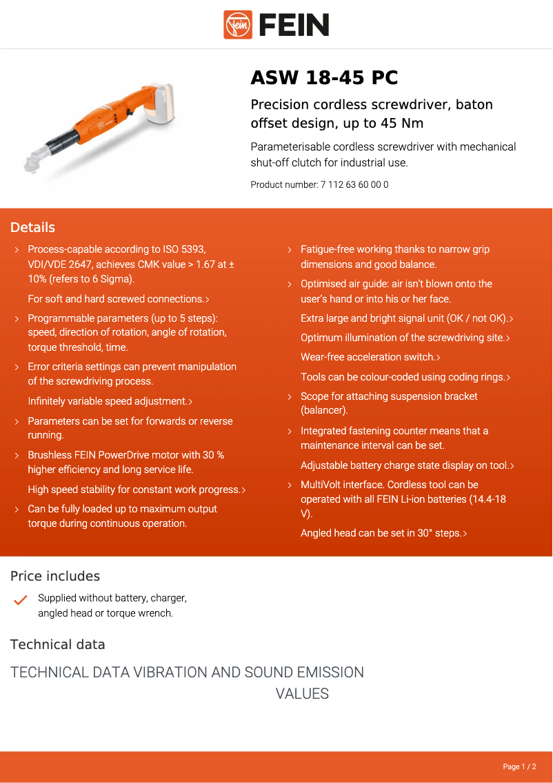Page 1 de la notice Fiche technique Fein ASW 18-45 PC