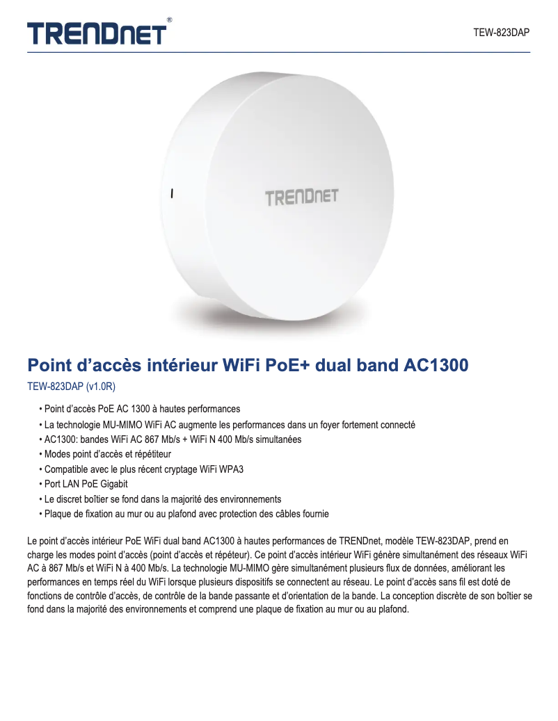 Page 1 de la notice Fiche technique TRENDnet TEW-823DAP