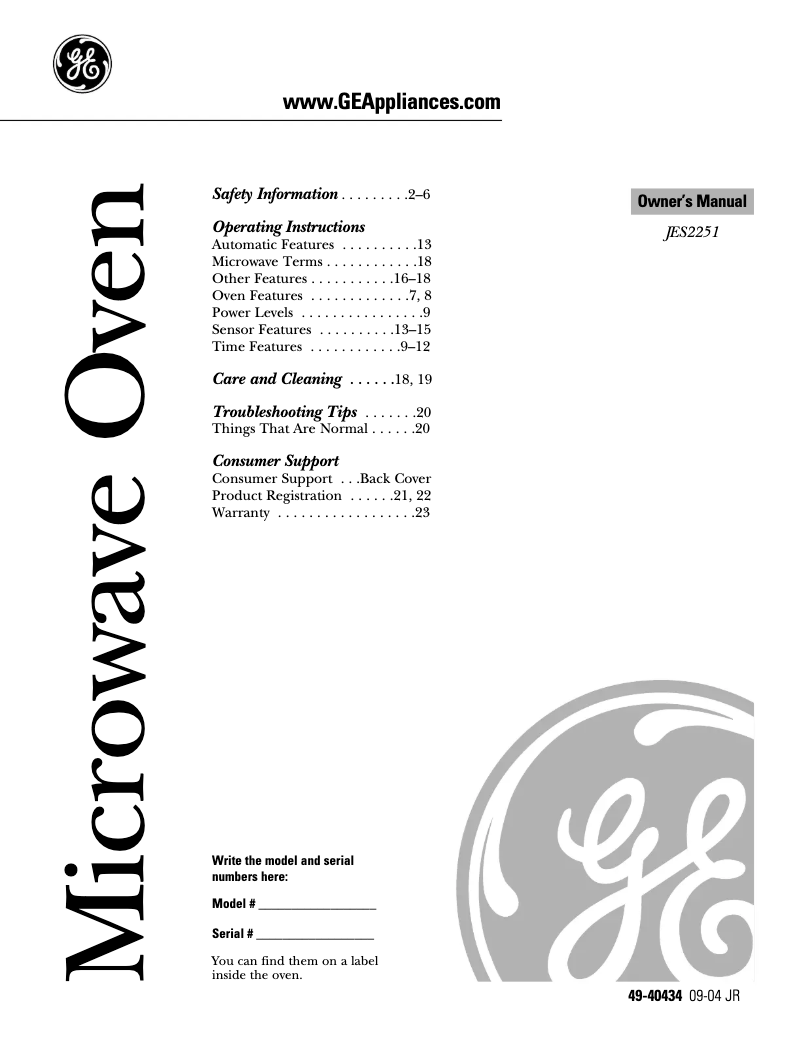 Página 1 del manual Manual de usuario GE Profile JES2251SJ