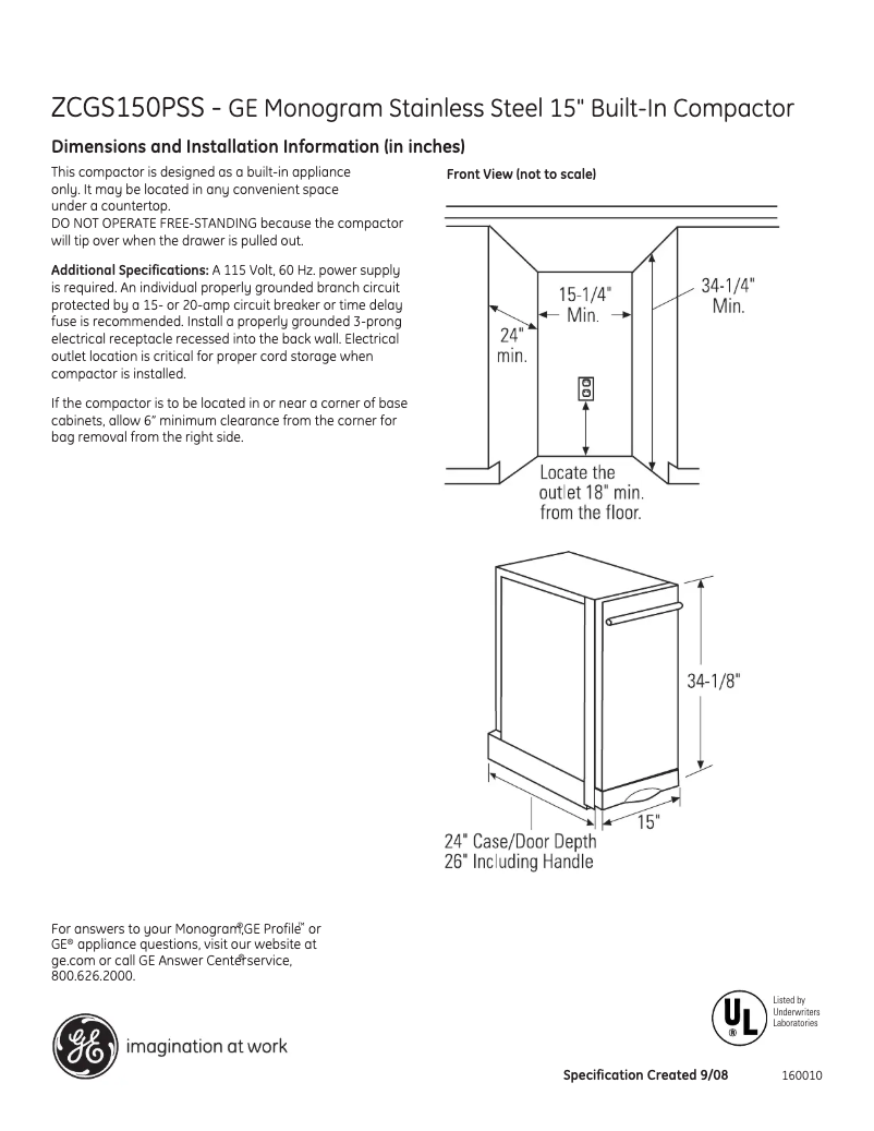 Página 1 del manual Ficha técnica GE ZCGS150PSS