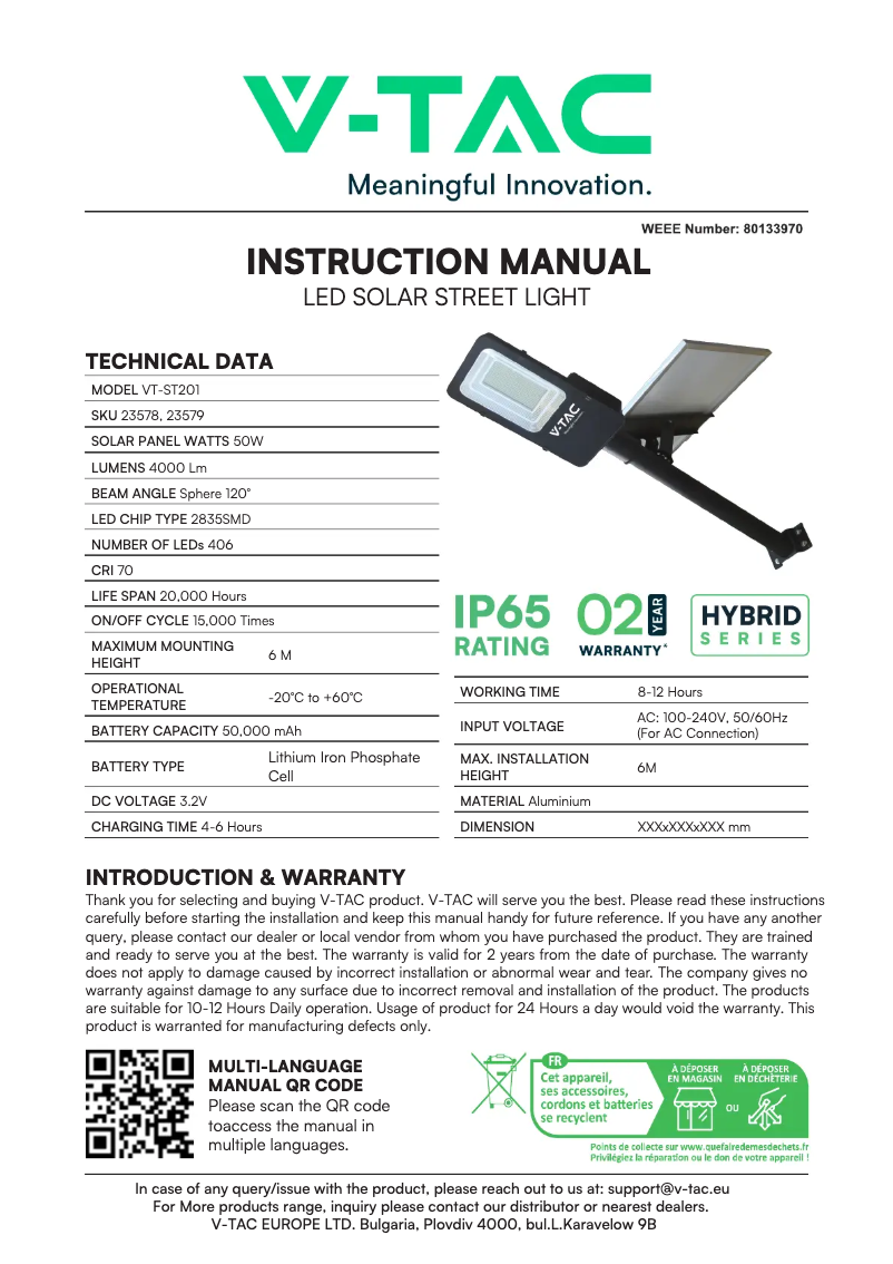 Page 1 de la notice Manuel utilisateur V-TAC VT-ST201