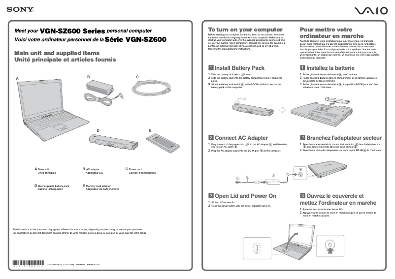 Page 1 de la notice Guide d'installation Sony Vaio VGN-SZ650N