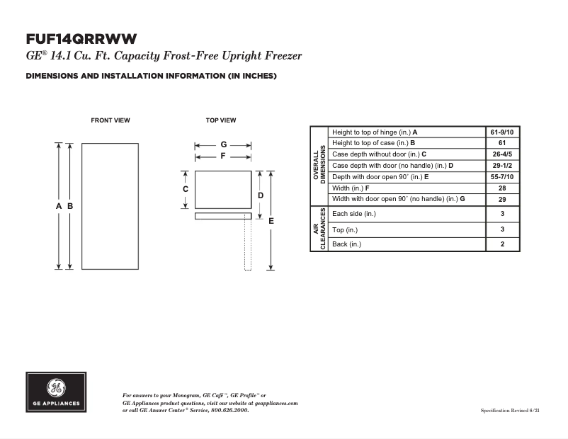 Página 1 del manual Ficha técnica GE FUF14QRRWW