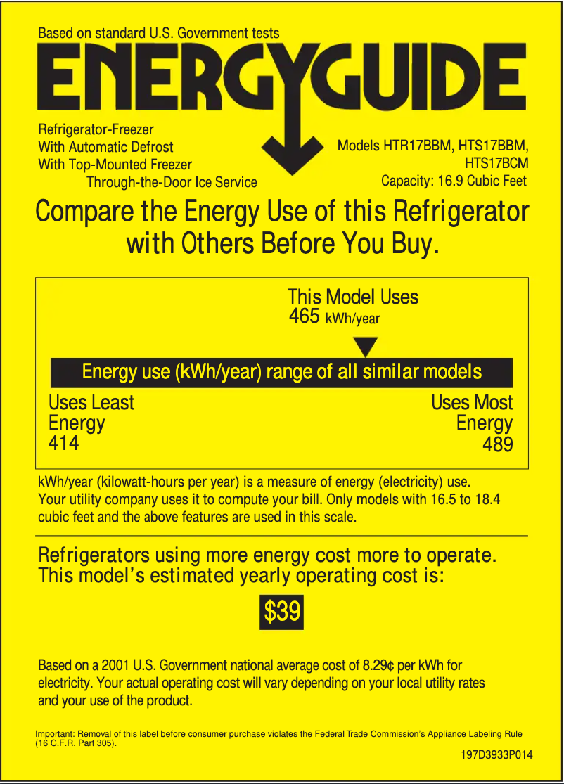 Page 1 de la notice Label énergétique Hotpoint HTS17BCMLAA