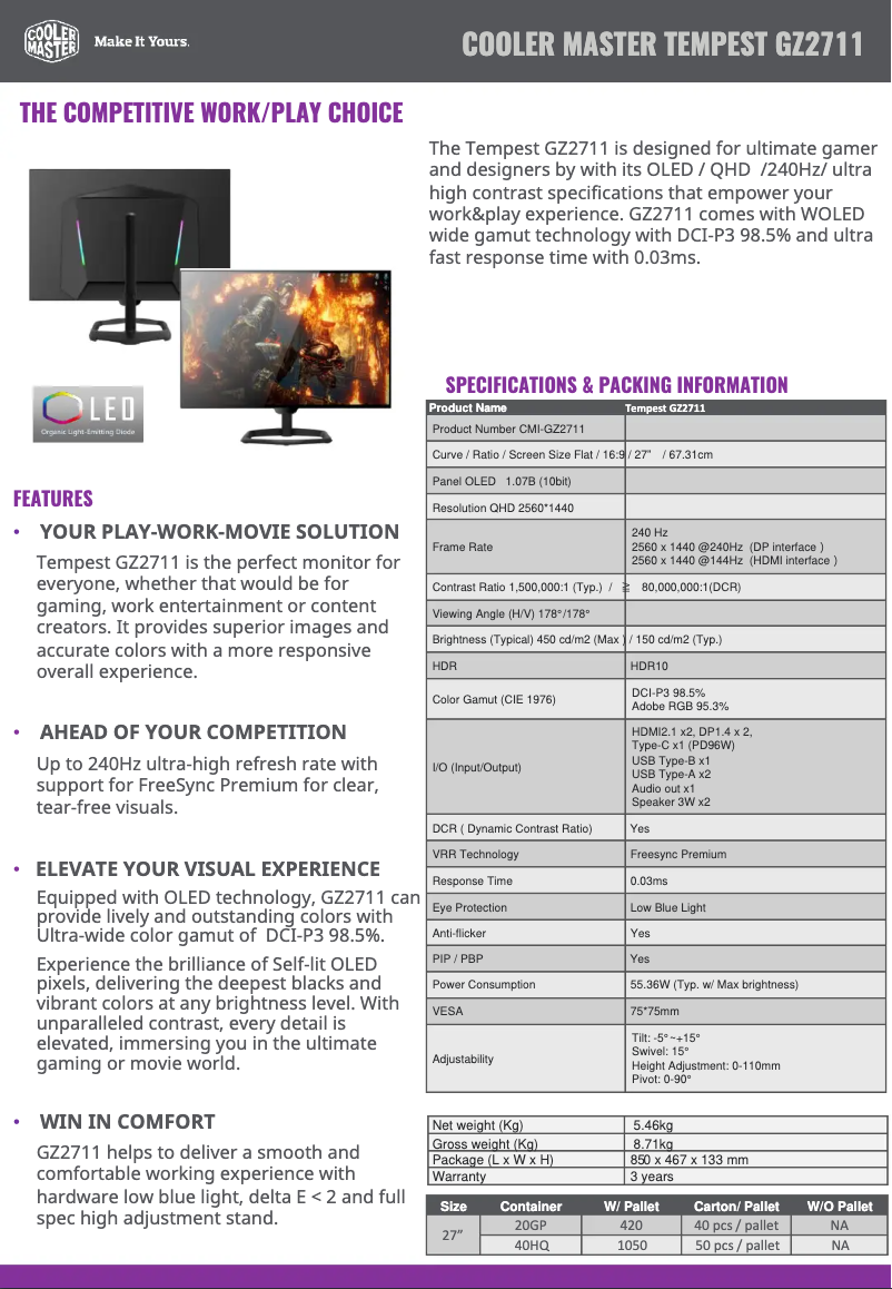 Page 1 de la notice Fiche technique Cooler Master GZ2711