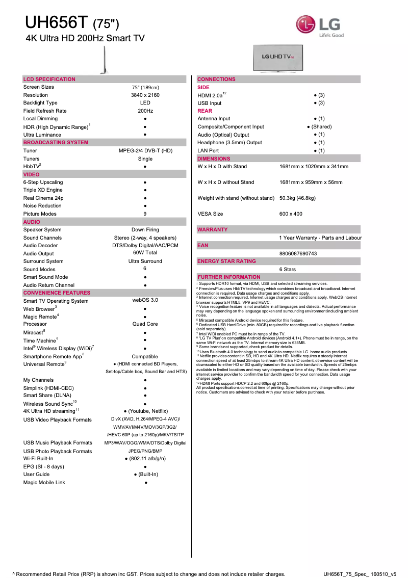 Page 1 de la notice Fiche technique LG 75UH656T