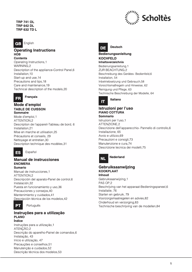 Page 1 de la notice Manuel utilisateur Scholtès TRP 741 OL