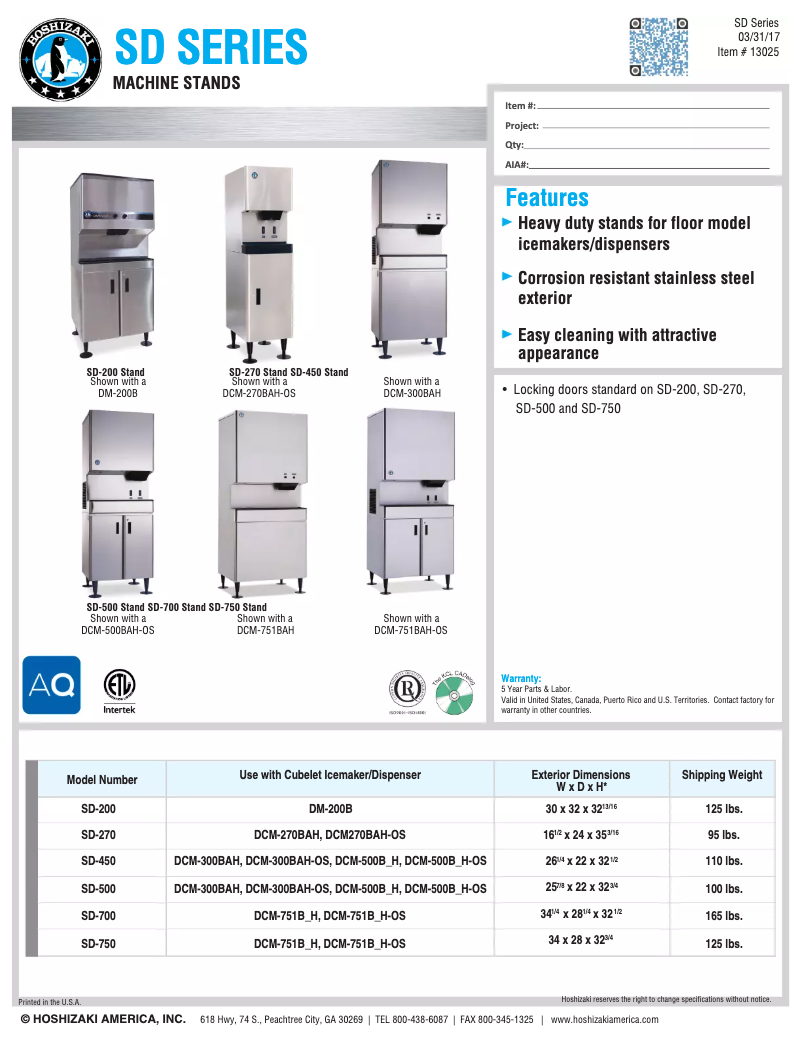 Page 1 de la notice Fiche technique Hoshizaki SD-200