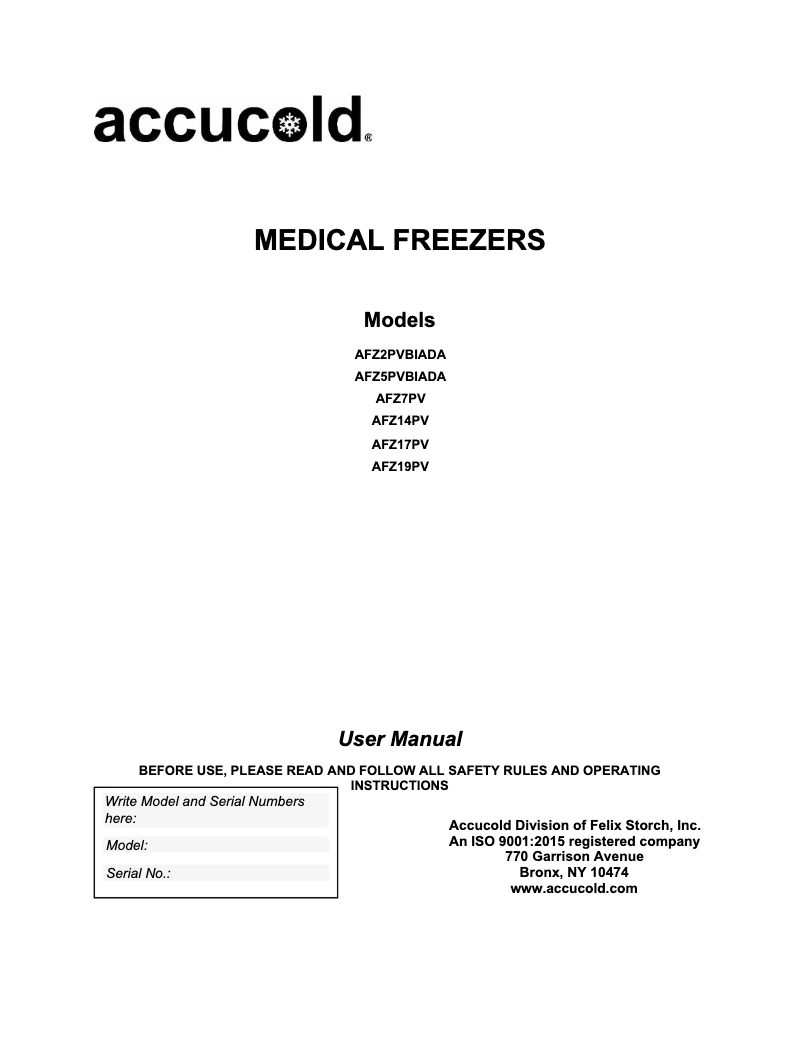 Page 1 de la notice Manuel utilisateur Accucold AFZ5PVBIADALHD