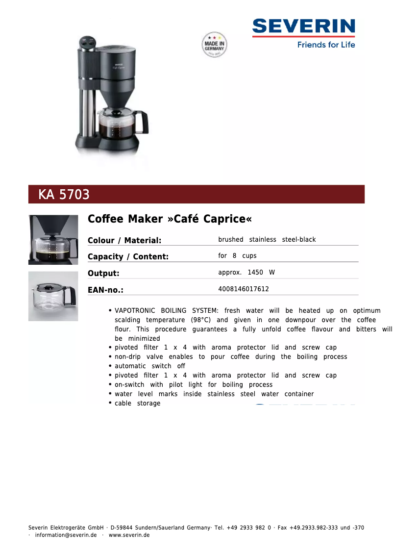 Page 1 of the manual Technical Sheet Severin KA 5703