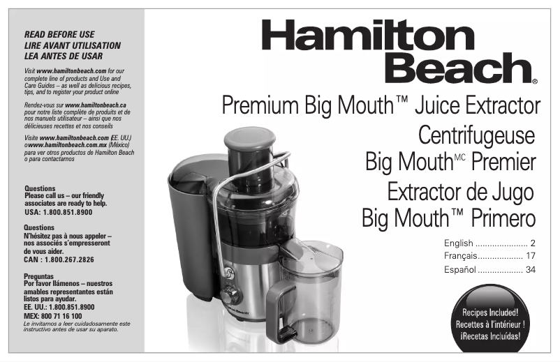 Page 1 de la notice Manuel utilisateur Hamilton Beach Premium Big Mouth 67850