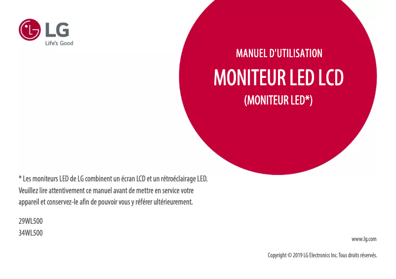Page 1 de la notice Manuel utilisateur LG 29WL500-B
