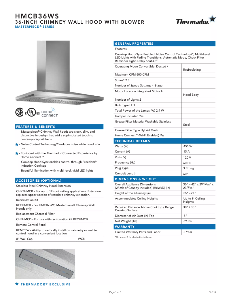 Página 1 del manual Ficha técnica Thermador HMCB36WS