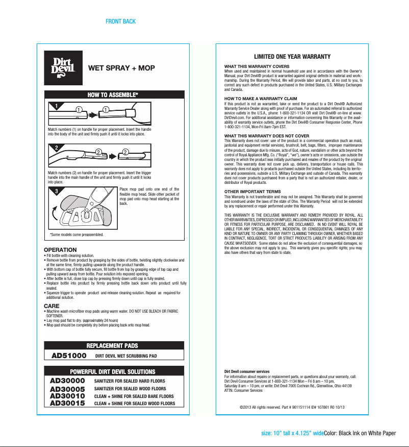 Page 1 of the manual User Manual Dirt Devil PD11000