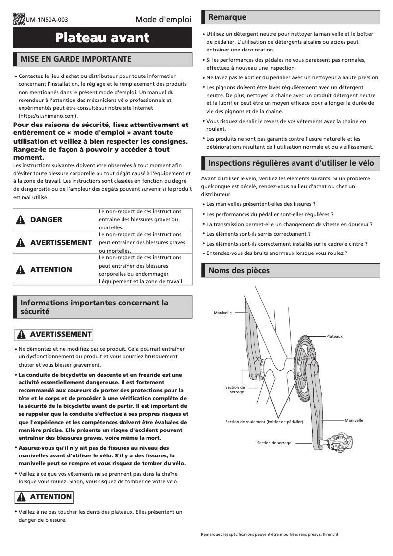 Page 1 de la notice Manuel utilisateur Shimano FC-M645