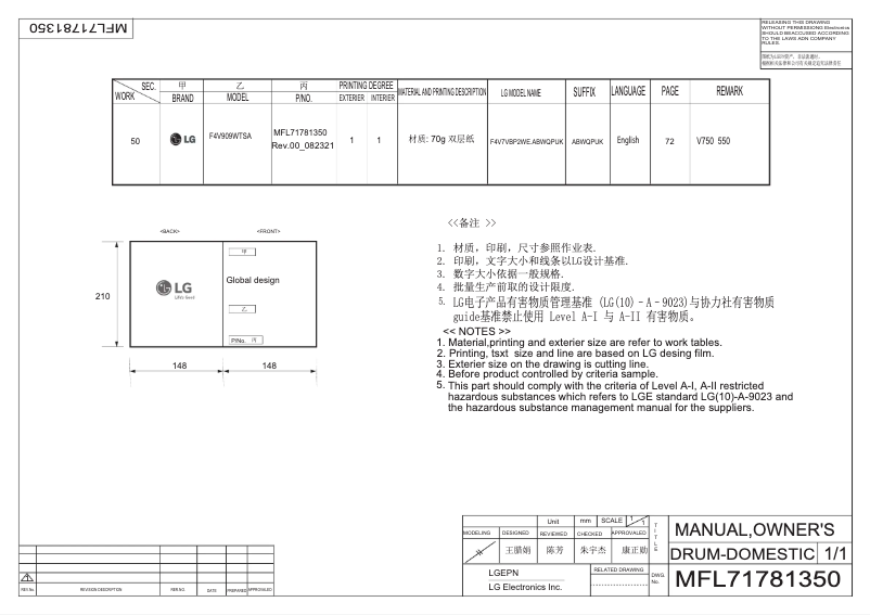 Page 1 de la notice Manuel utilisateur LG F4V909WTSA