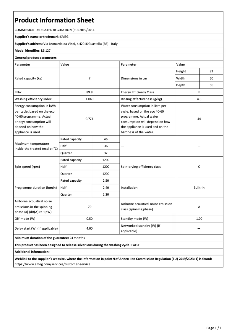 Página 1 del manual Folleto Smeg LBI127