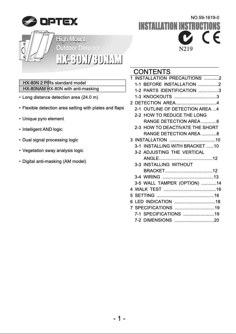 Page 1 de la notice Manuel utilisateur Optex HX-80N