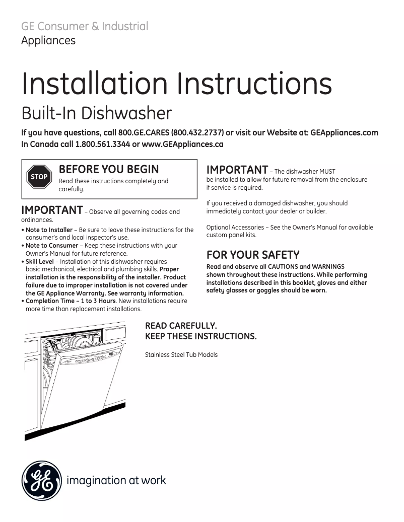 Page 1 of the manual Installation Guide GE GHDF300RWW