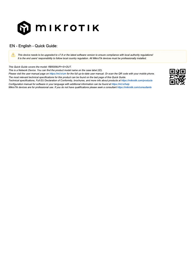 Page 1 de la notice Manuel utilisateur Mikrotik RB5009UPr+S+OUT