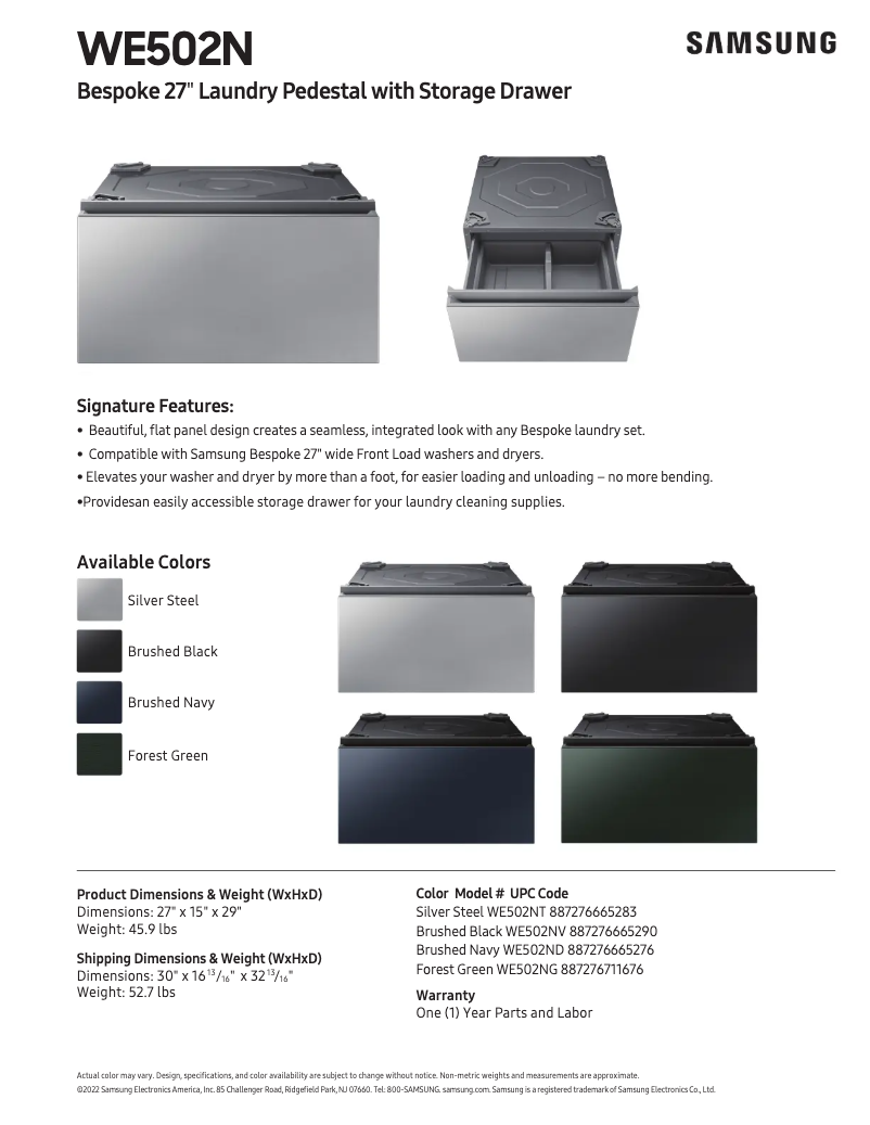 Página 1 del manual Ficha técnica Samsung WE502NG