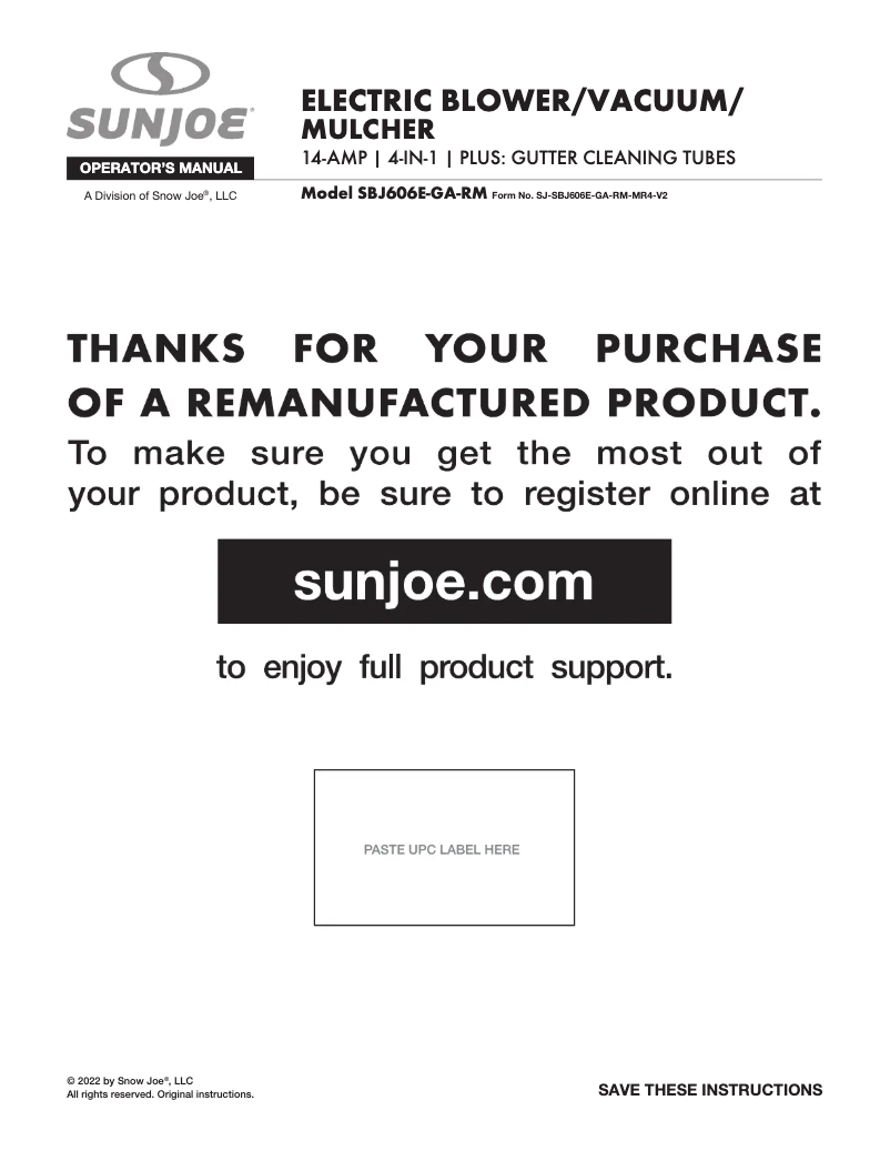 Page 1 de la notice Manuel utilisateur Sun Joe SBJ606E-GA-SJG-RM