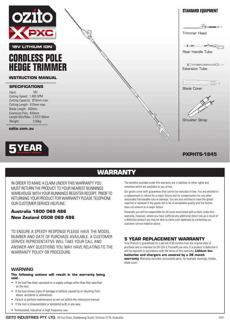 Page 1 de la notice Manuel utilisateur Ozito PXPHTS-1845