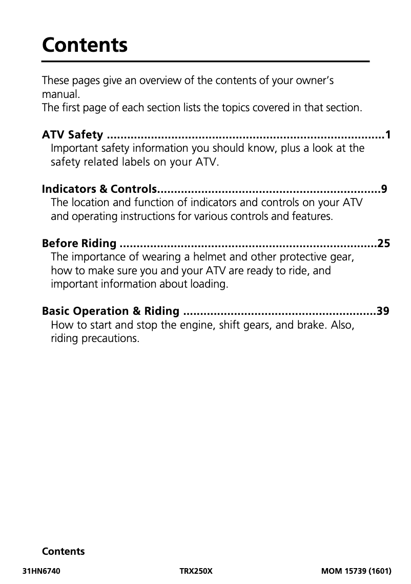 Page 1 de la notice Manuel utilisateur Honda TRX250X (2017)