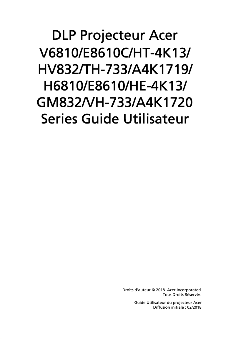 Page 1 de la notice Manuel utilisateur Acer HV832