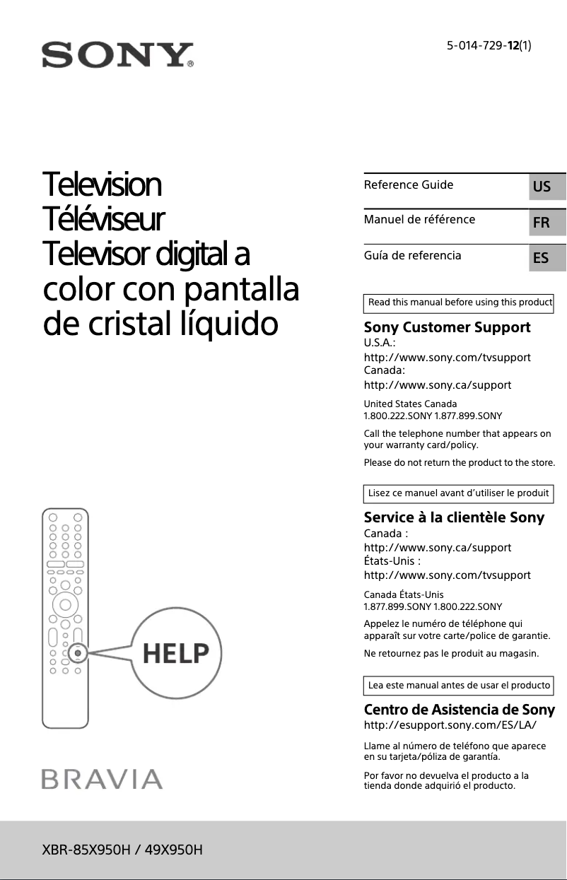 Page 1 de la notice Manuel utilisateur Sony Bravia XBR-85X950H