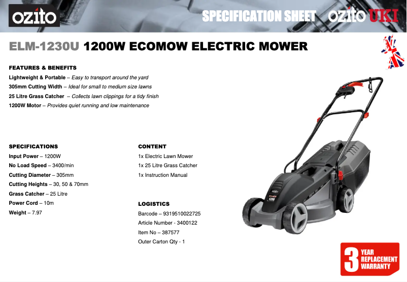 Page 1 de la notice Fiche technique Ozito ELM-1230U