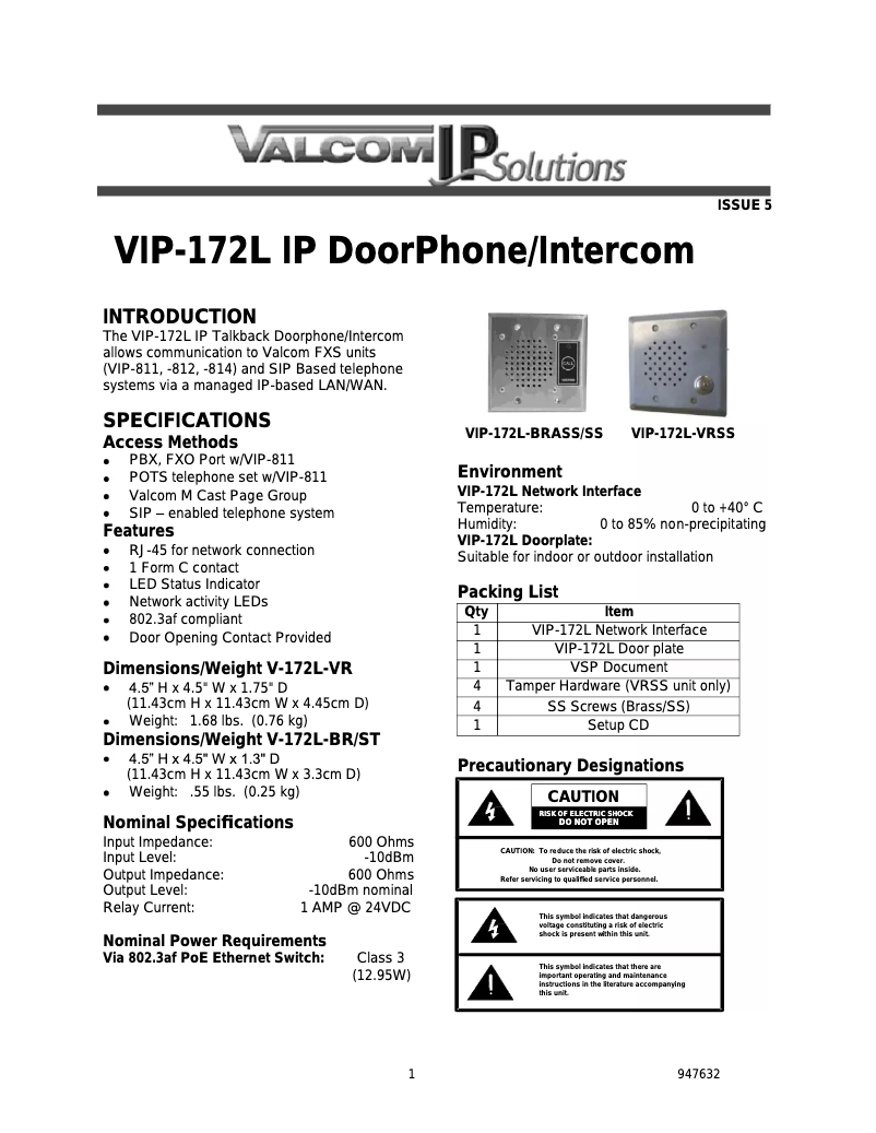 Page 1 de la notice Manuel utilisateur Valcom VIP-172L