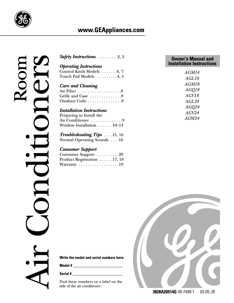 Page 1 de la notice Manuel utilisateur GE AGW24DH