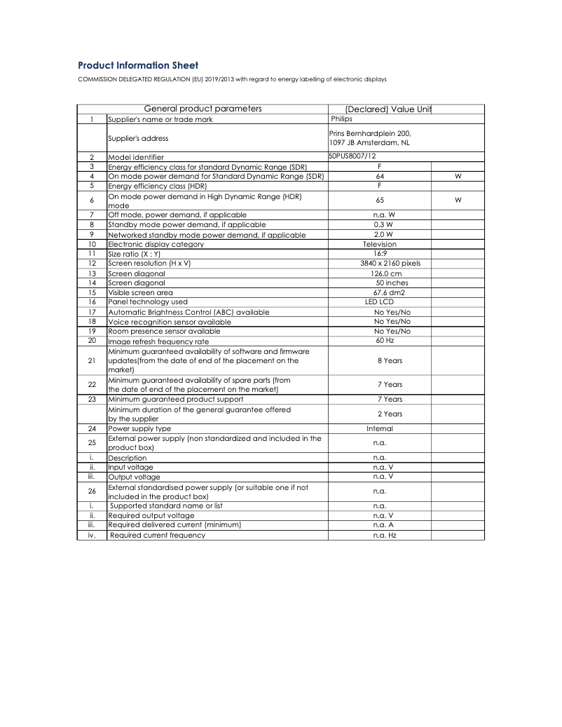 Page 1 of the manual Technical Sheet Philips 50PUS8007