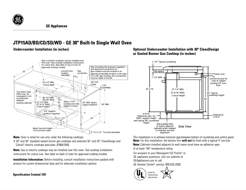 Página 1 del manual Ficha técnica GE JTP15BDBB